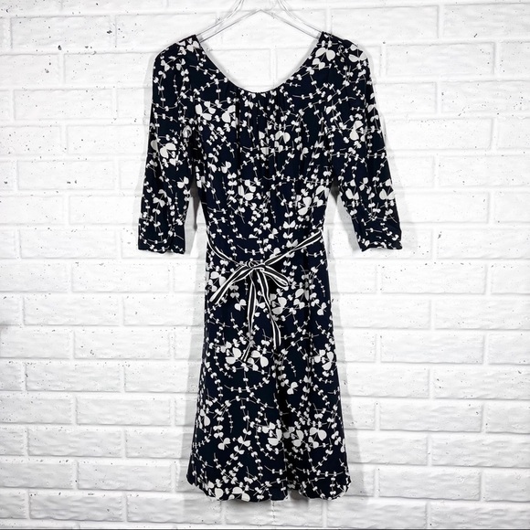 BODEN Black & White Floral Midi Dress with ribbon belt Size 2 - Picture 9 of 12